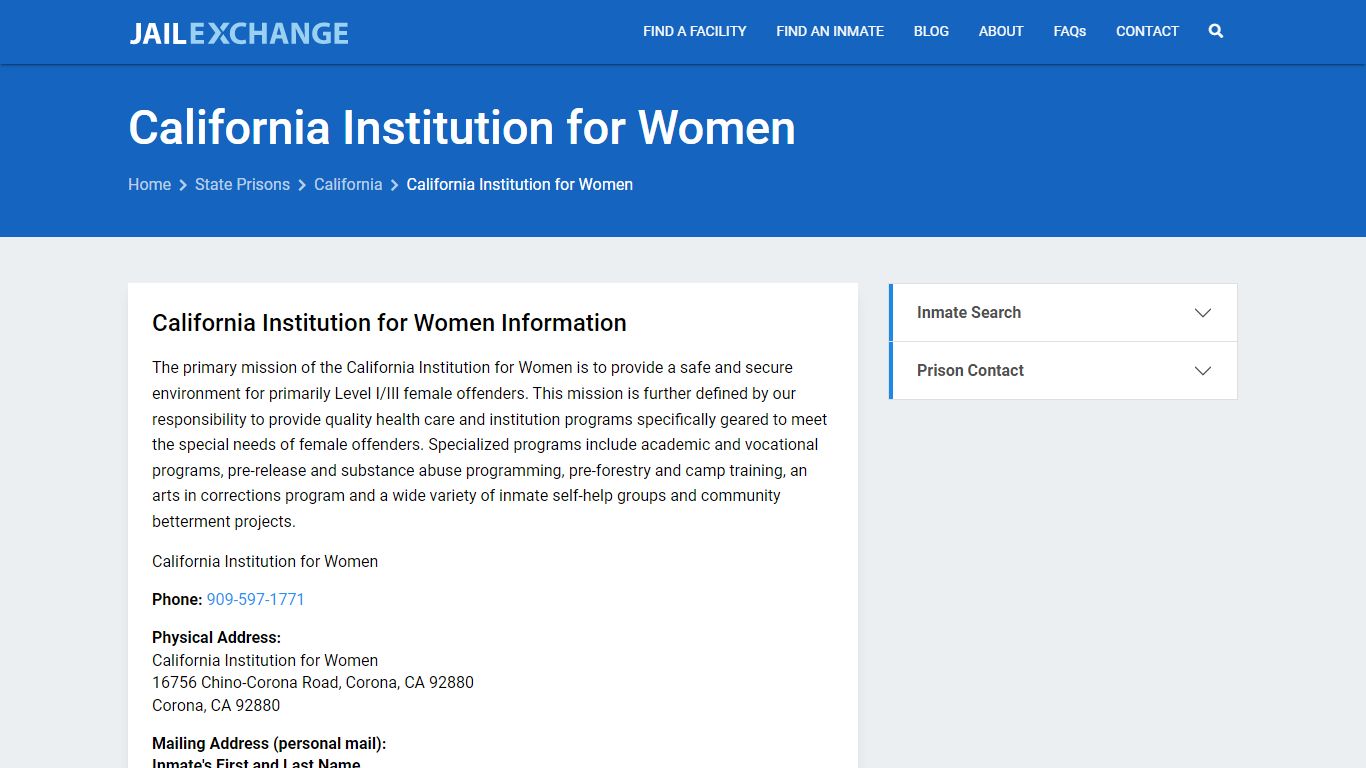 California Institution for Women Inmate Search, CA - Jail Exchange